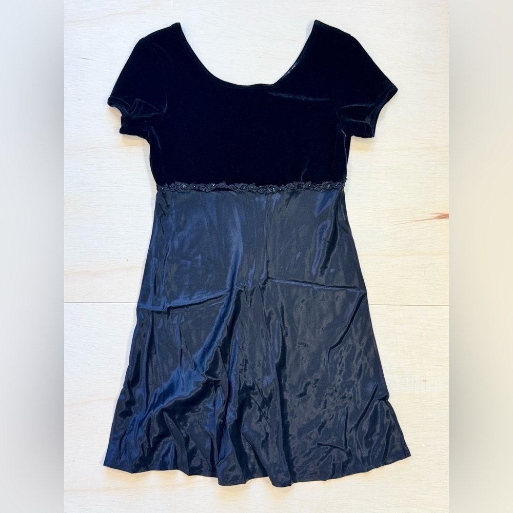 VTG CDC Petites Velvet & Satin Mini Dress Black Empire Waist Whimsigoth 10P